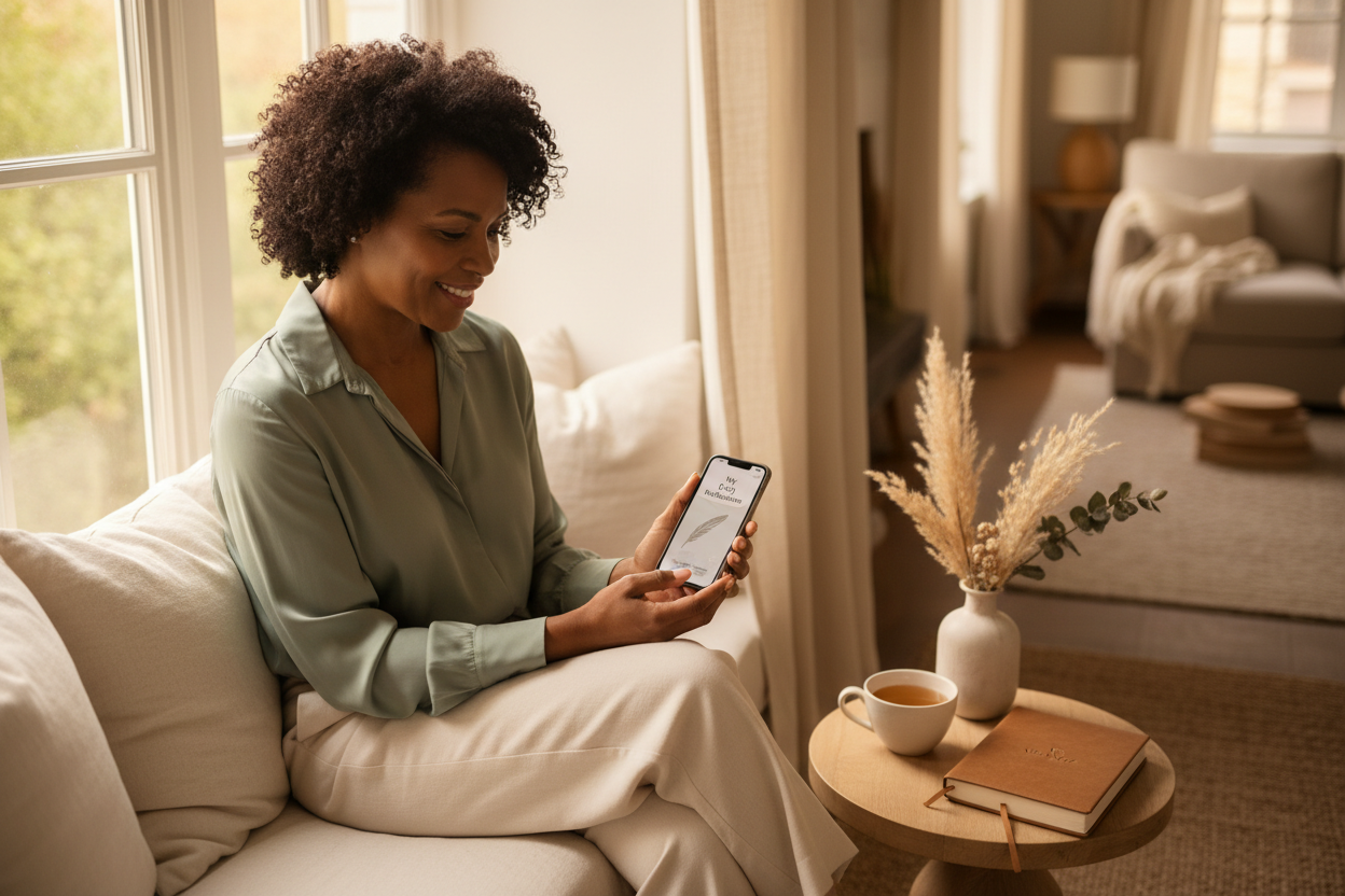A serene woman journaling on her phone by a sunlit window, representing the Thrive By Design Women Digital Journal