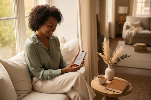A serene woman journaling on her phone by a sunlit window, representing the Thrive By Design Women Digital Journal